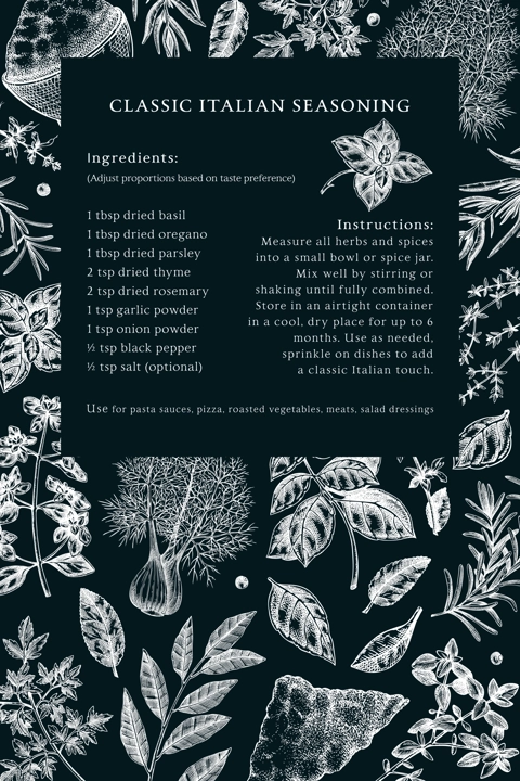 Sketch style recipe card template. Italian spices hand drawn vector illustrations on chalkboard. Food frame design. Vintage herbs background. NOT AI generated
